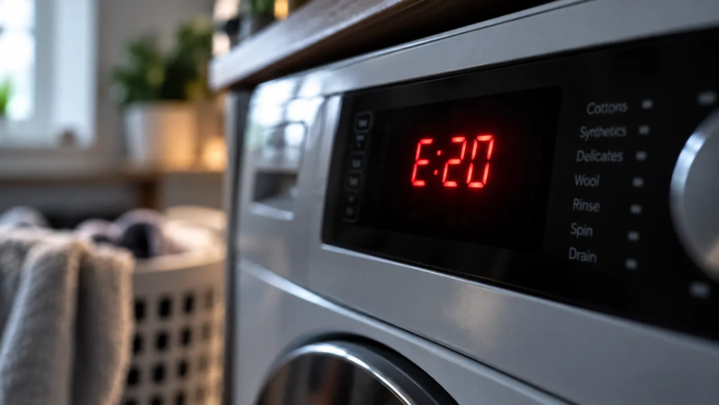 A washing machine display showing the error code E:20
