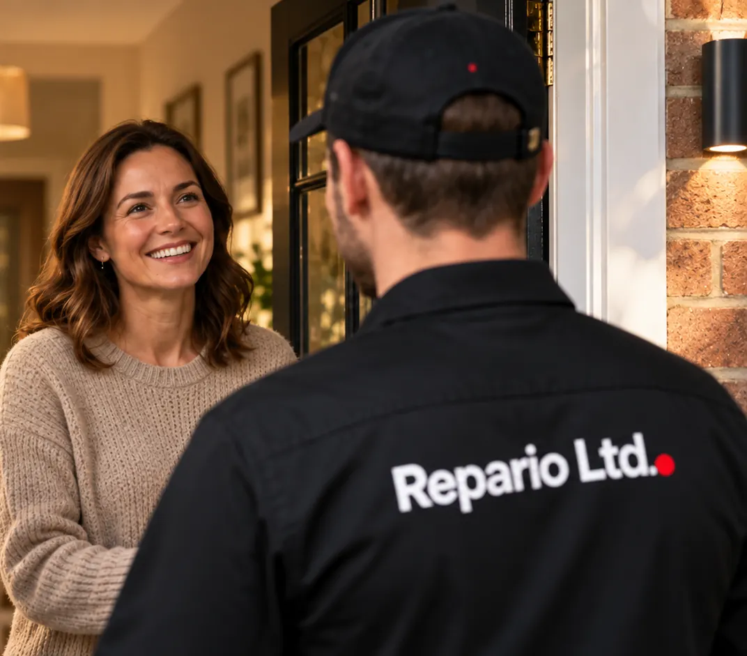 An engineer being welcomed at a customer's front door