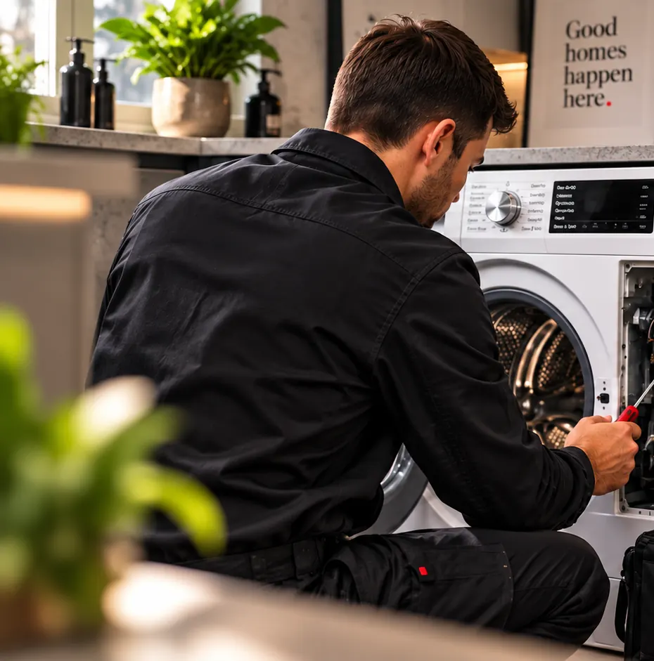 An engineer testing the wiring behind a washing machine's side panel