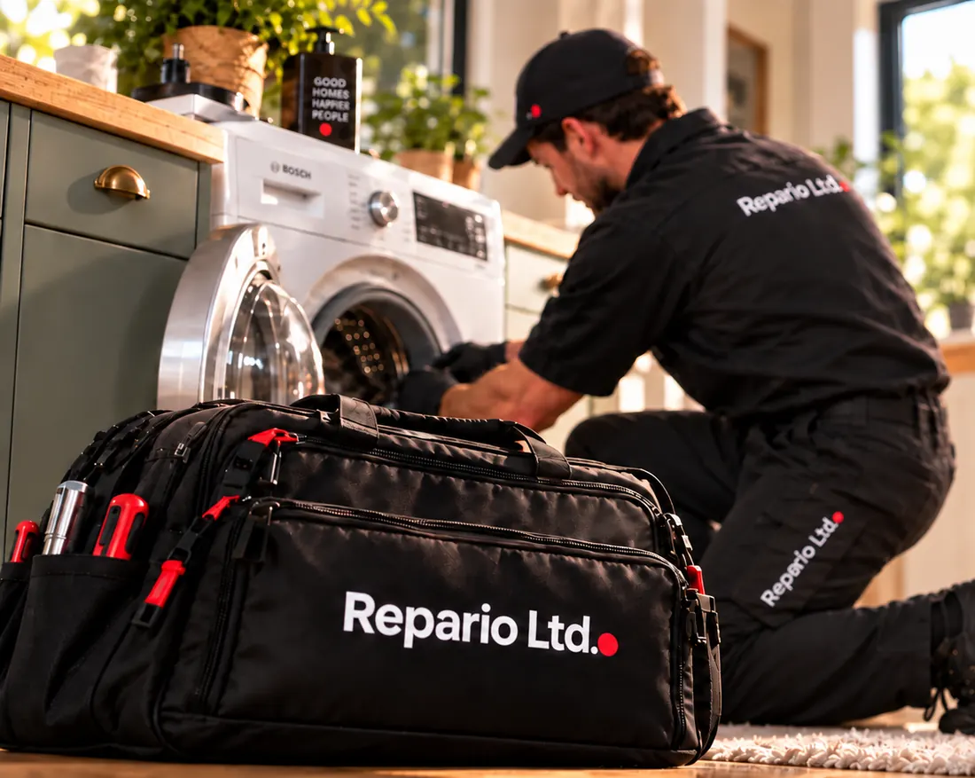 An engineer connecting a new washing machine in a kitchen, tool bag beside him